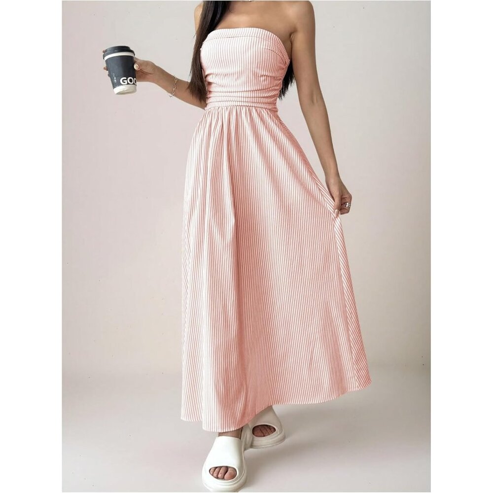 Women's Light Pink Strapless Maxi Dress Summer Tube Top Long With Pocket - Picture 3 of 5